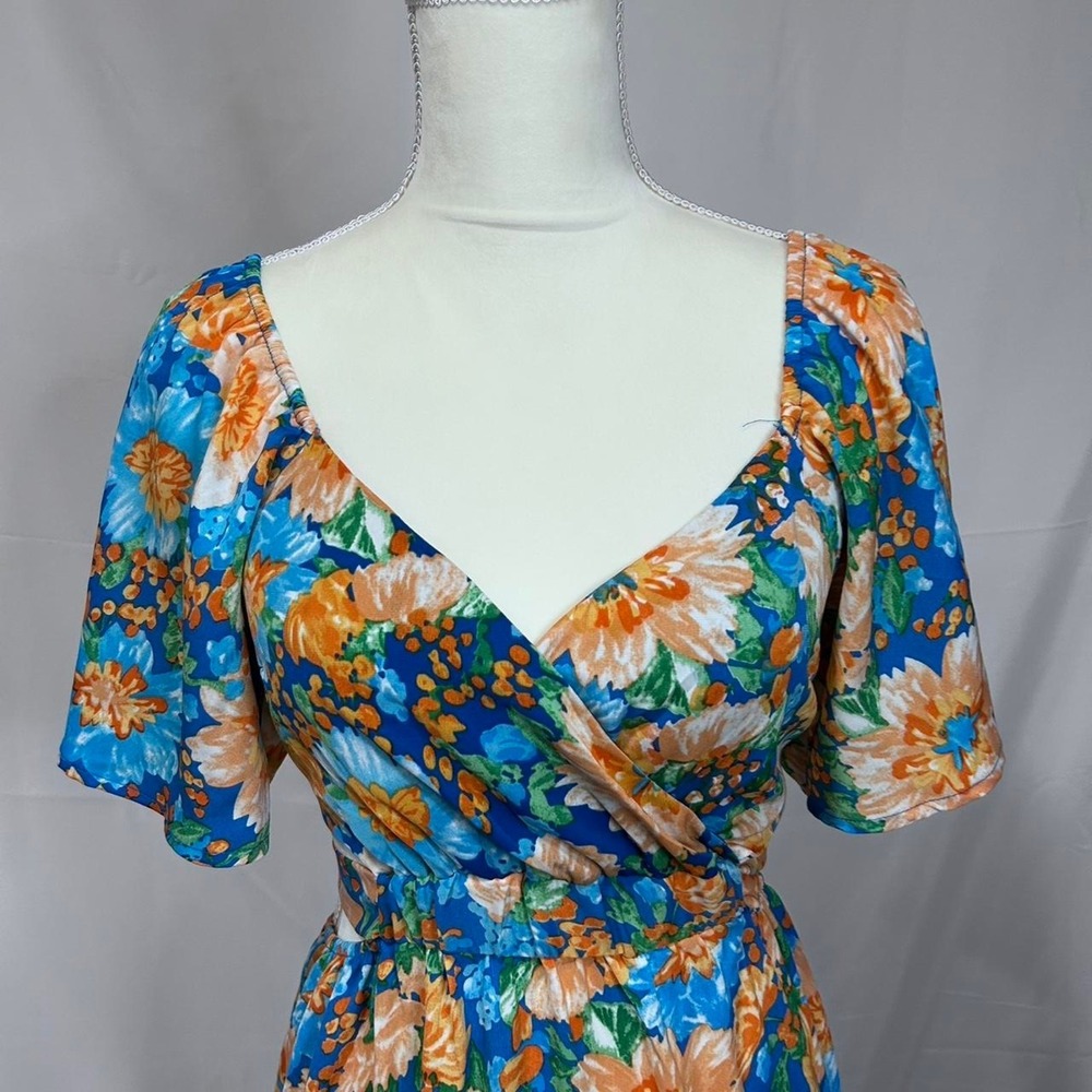 Small Blue and Orange floral Maxi Dress Cap Sleeve Smocked Waist